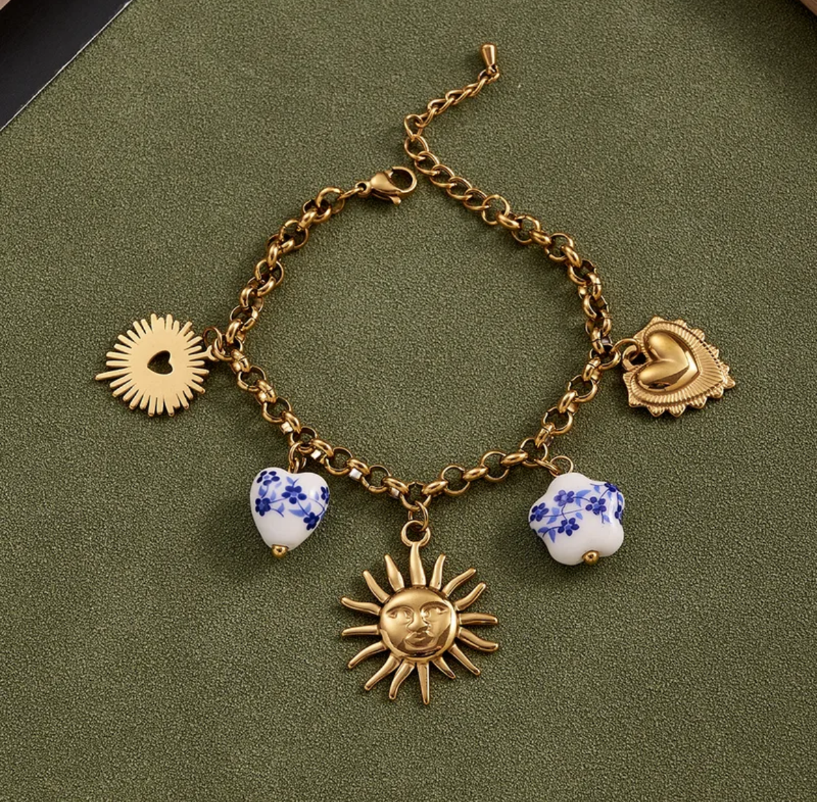 B590 Pulsera dijes tipo ceramica y dorados 4 acero inoxidable 20cm