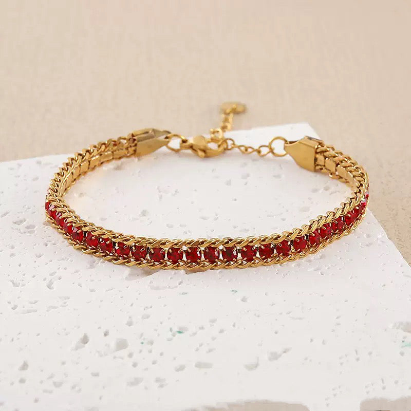 B576 Pulsera brillante roja acero inoxidable chapada en oro de 18k 19cm