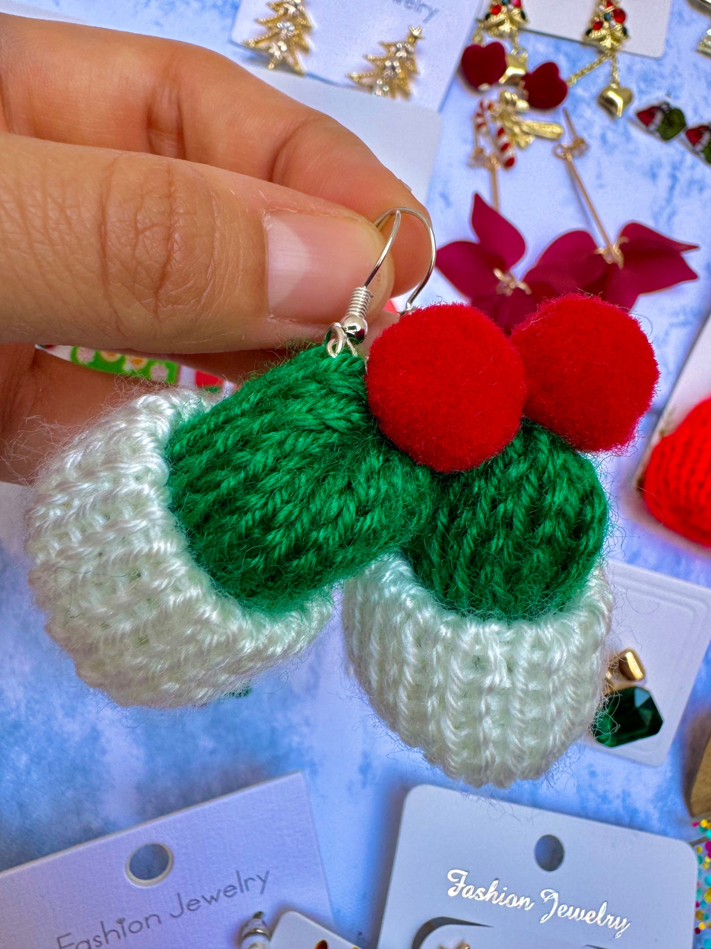 E1937 Aretes gorro Navidad tejido tela 5cm