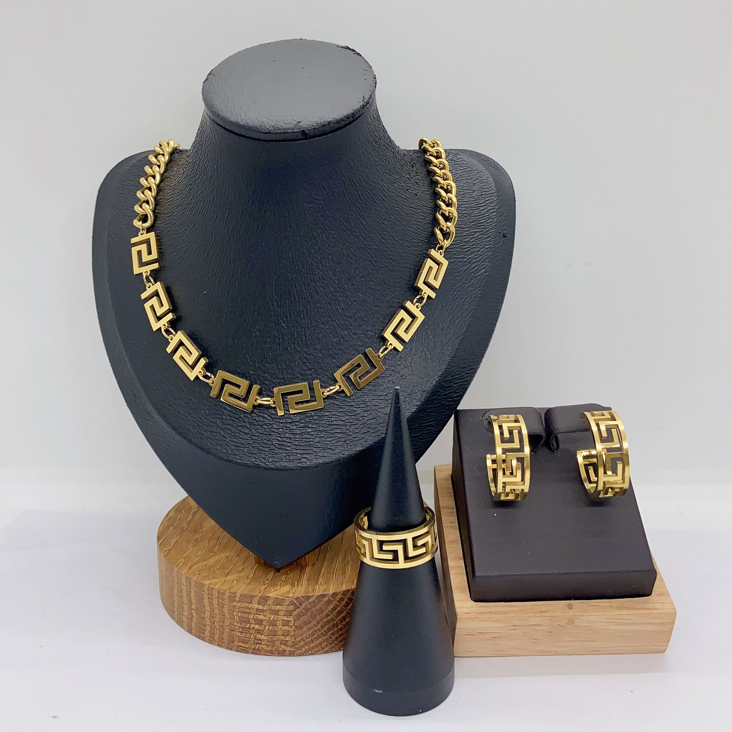 C853 Conjunto de collar aretes y anillo eslabones cubanos acero inoxidable 27cm largo 2cm aretes