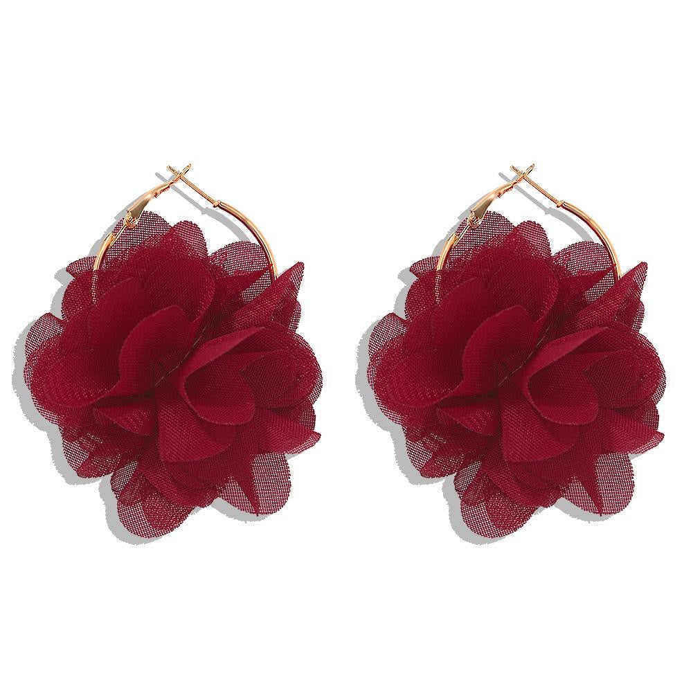 E7306 Aretes argolla flor de gasa hermosos fiesta 6.5cm