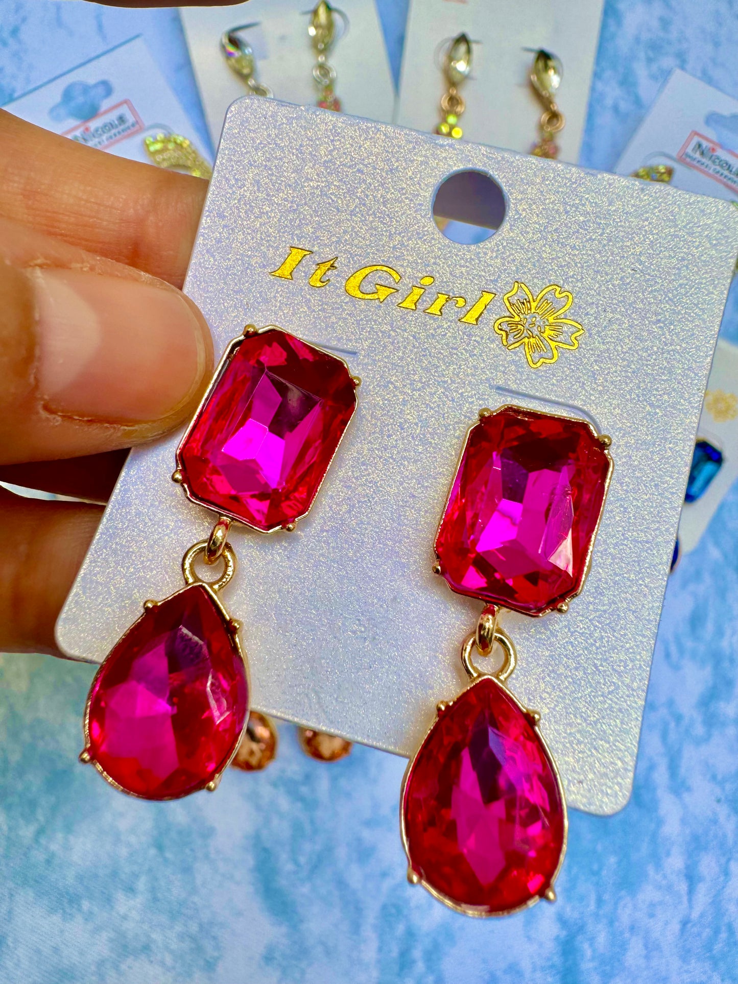 E1887F Aretes incrustacion cristal fucsia fiesta 3.5cm