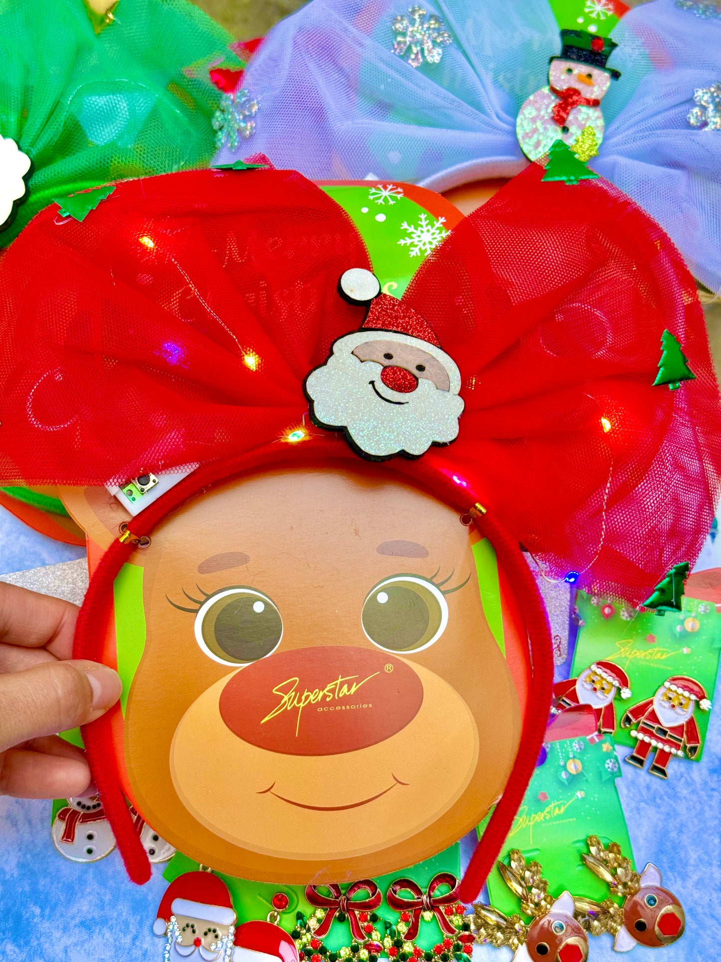 AC152SR Diadema moño grande navideño con luces santa claus