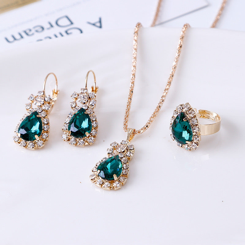C1599 Conjunto de collar aretes y anillo gota elegante verde esmeralda aleacion 24cm largo 1.5dije