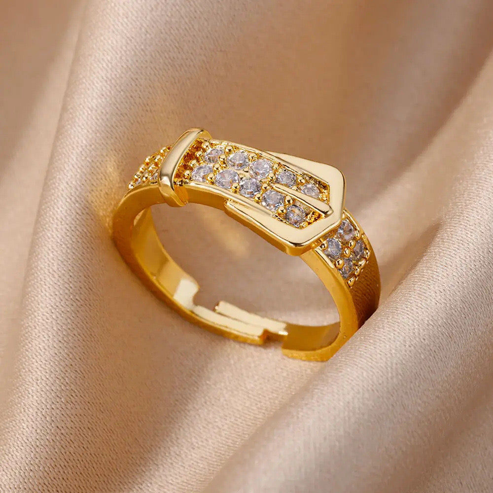A599 Anillo cinturon cobre circonio chapado en oro 18k abierto