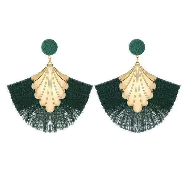 1871V Aretes grandes abanico borla de cortina hilos algodón 8cm largo