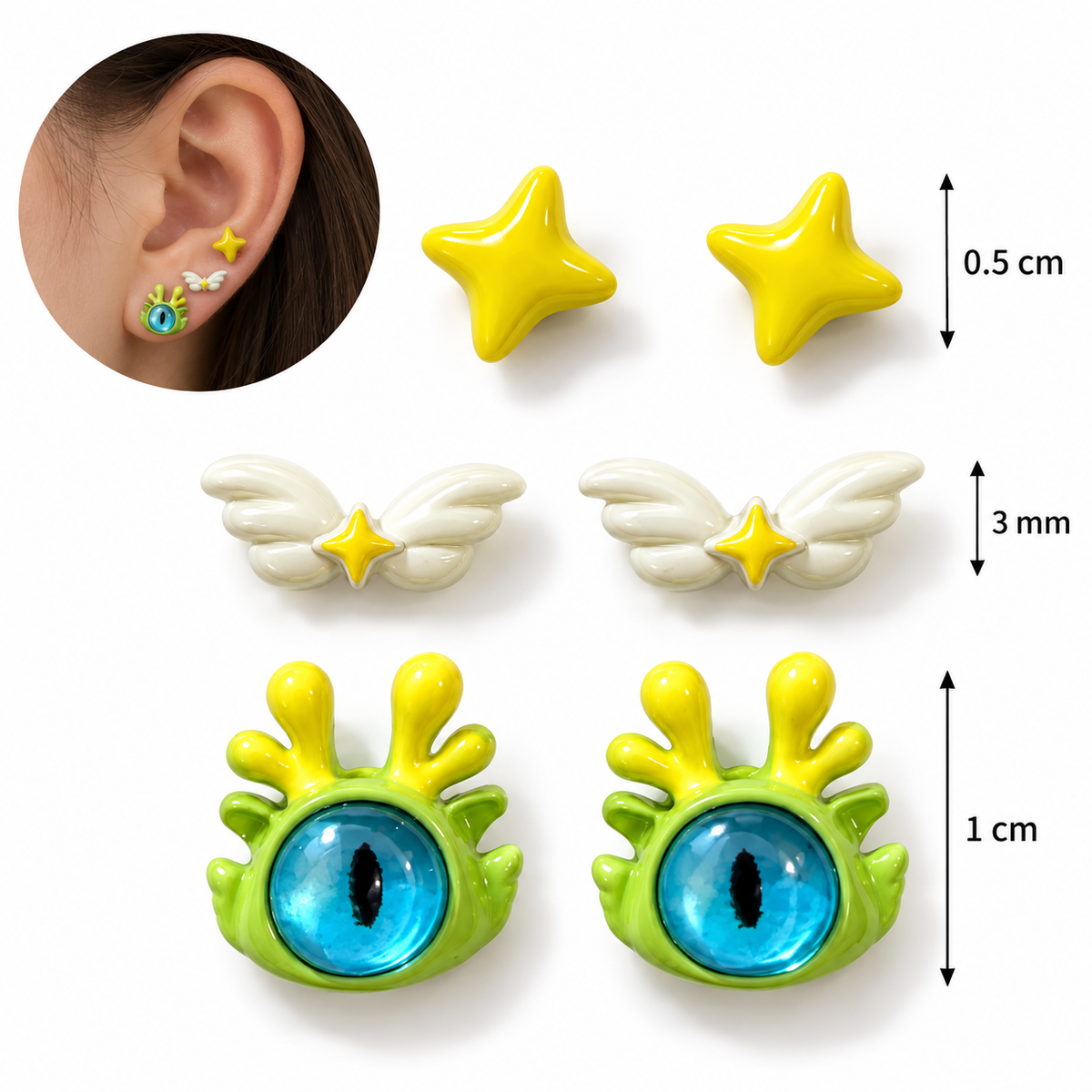 E7561 Set de 3 pares de aretes con diseño de monstruos y estrellas aleacion