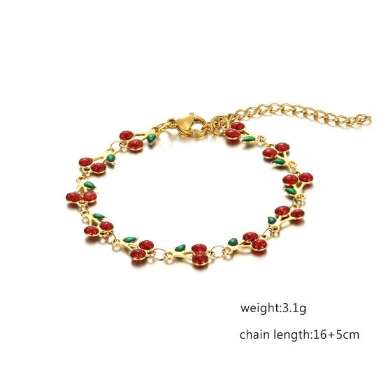 B274 Pulsera cerezas acero inoxidable chapado en oro 18k 21cm