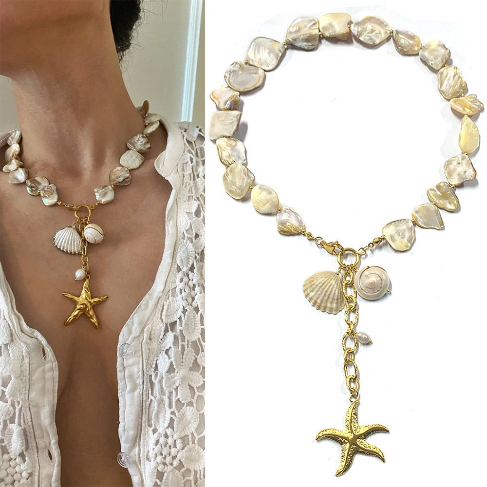 C253 Collar conchas estrella de mar acero inoxidable perlas de agua chapado en oro de 18K