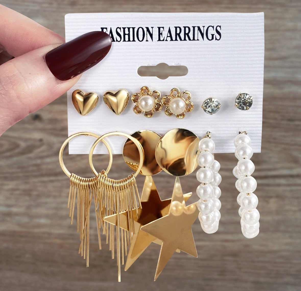 E5760 Conjunto de aretes geométricos forma de estrella perlas aleacion 6cm