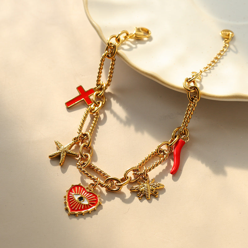 B188 Pulsera corazón acero inoxidable chapado en oro 14K