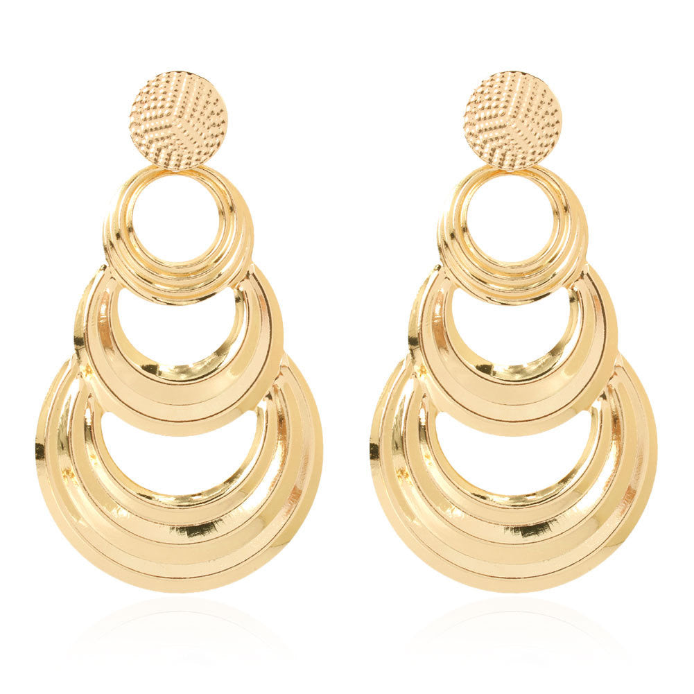 E7146 Aretes circulares dorados brillantes elegantes 8cm