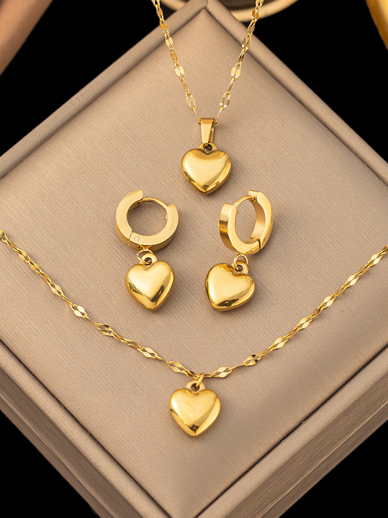 C385 Conjunto aretes collar pulsera corazones acero inoxidable largo 24cm 1.5cm dije aretes 3cm