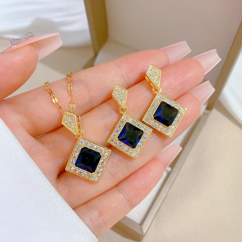 C842 Conjunto de collar aretes rombo negro brillante cobre 22cm largo 2.5cm dije 2.5aretes