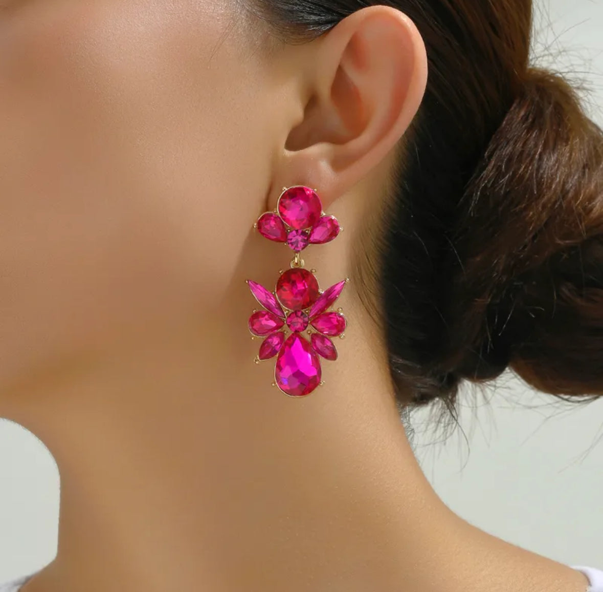 E3436 Aretes flor cristal rosa brillante fiesta aleacion 6cm