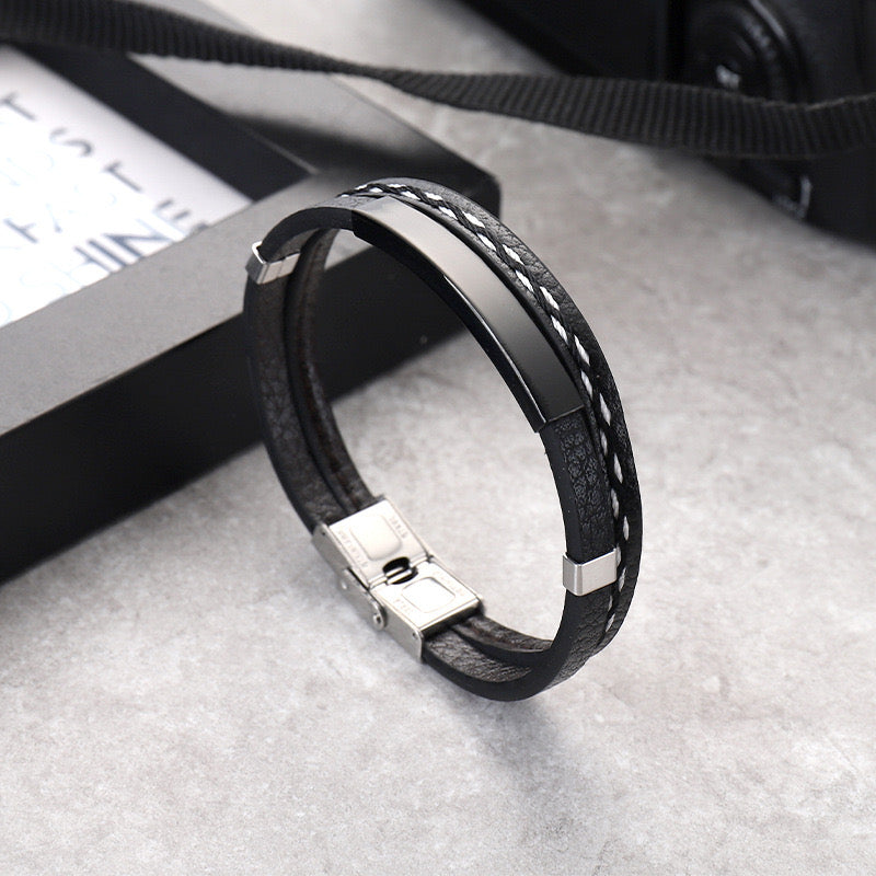 B242 Pulsera hombre acero inoxidable cuero sintetico