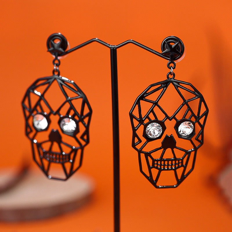 E3803 Aretes cráneo negro día de muertos Halloween 10cm aleacion