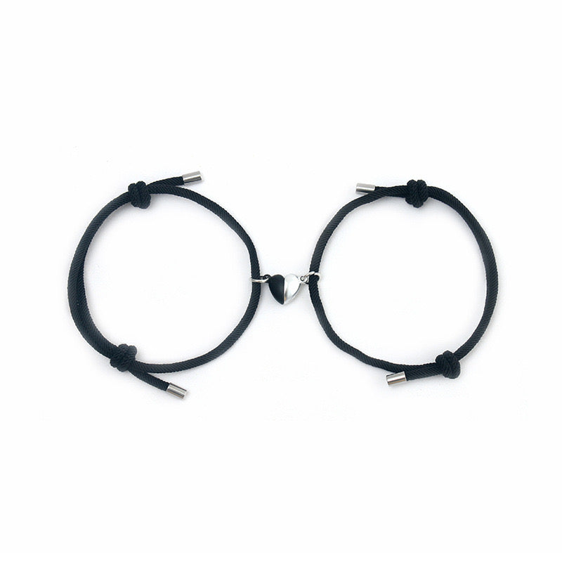 B349N Pulsera negra duo corazon duo pareja soga