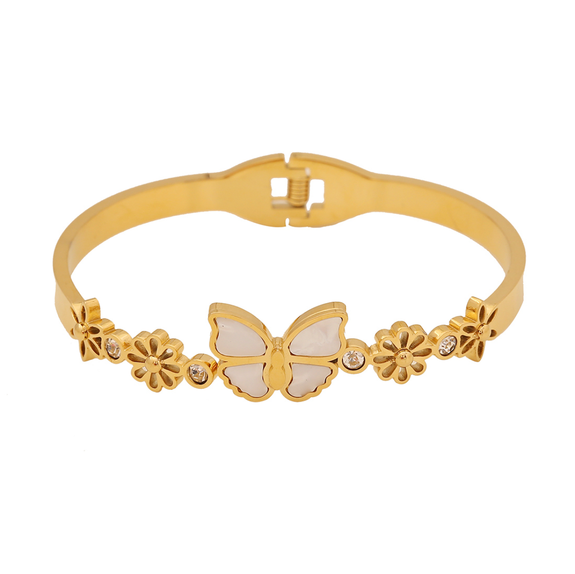 B589 Brazalete mariposa blanca acero inoxidable chapado de en oro de 28k 7cm
