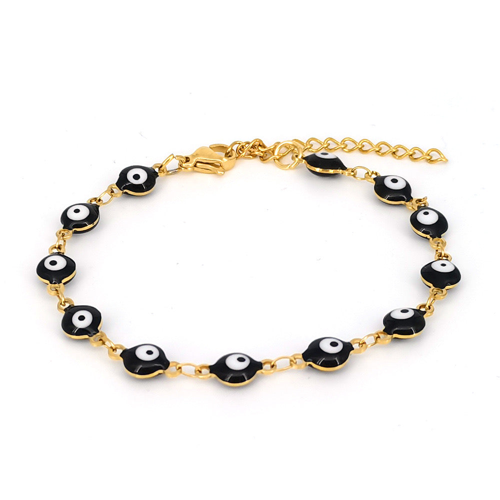 B364D Pulsera dorada ojos turcos negros buena suerte acero inoxidable chapado en oro 18k 20cm