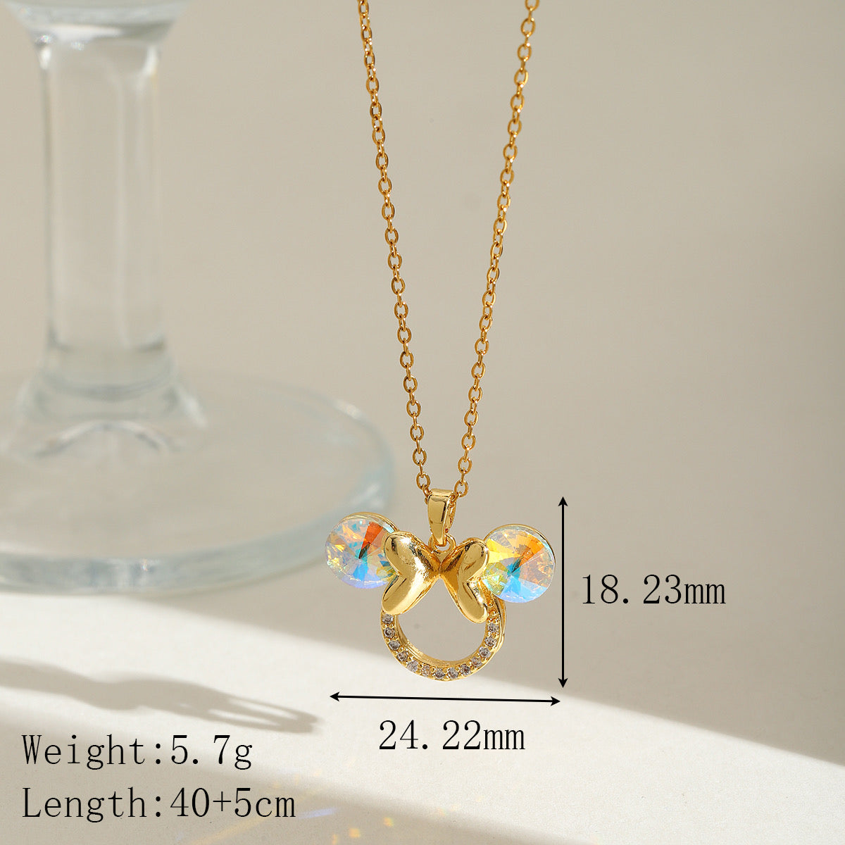 C714 Collar Mickey dorado acero de titanio chapado en oro de 18 k 21cm largo 2cm dije
