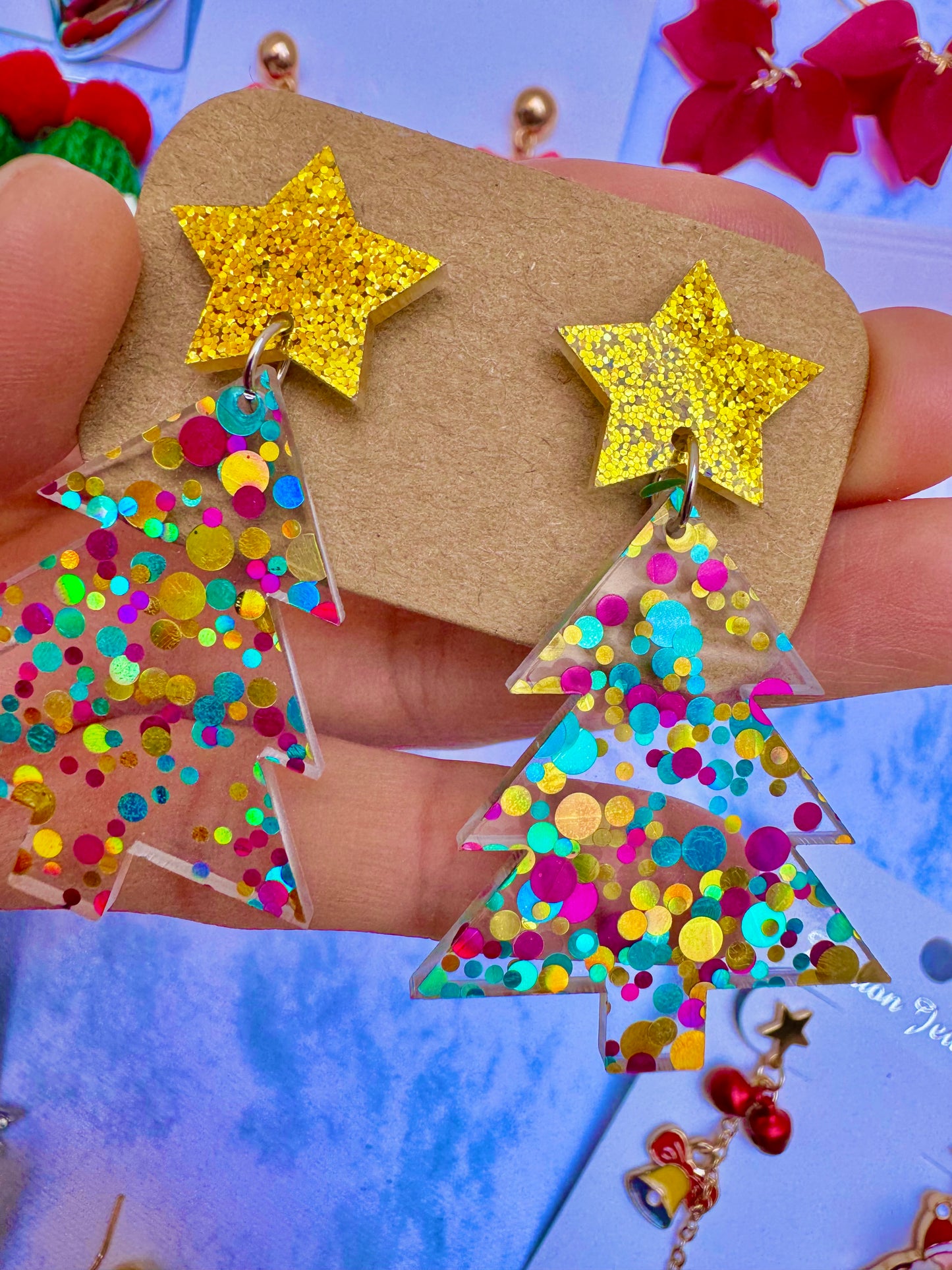 E1916 Aretes arbol Navidad acrilico estrellas colores