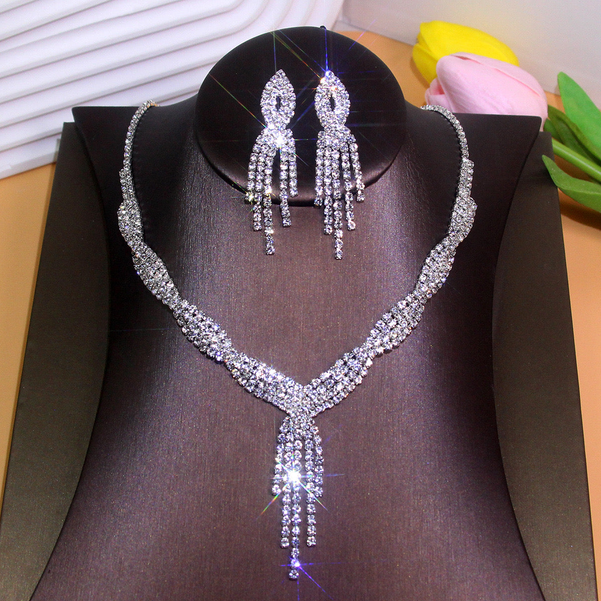 C964 Conjunto de collar y aretes brillantes fiesta aleacion 20cm,4.5cm
