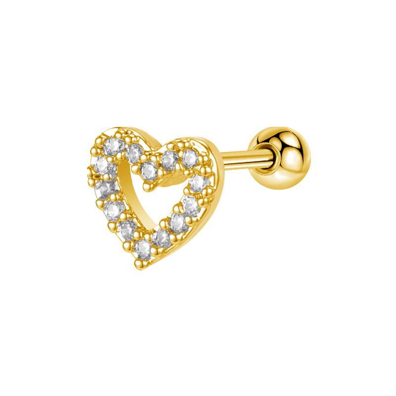 E2023 Broquel 1 pieza dorado corazon acero inoxidable zirconia 0.6cm
