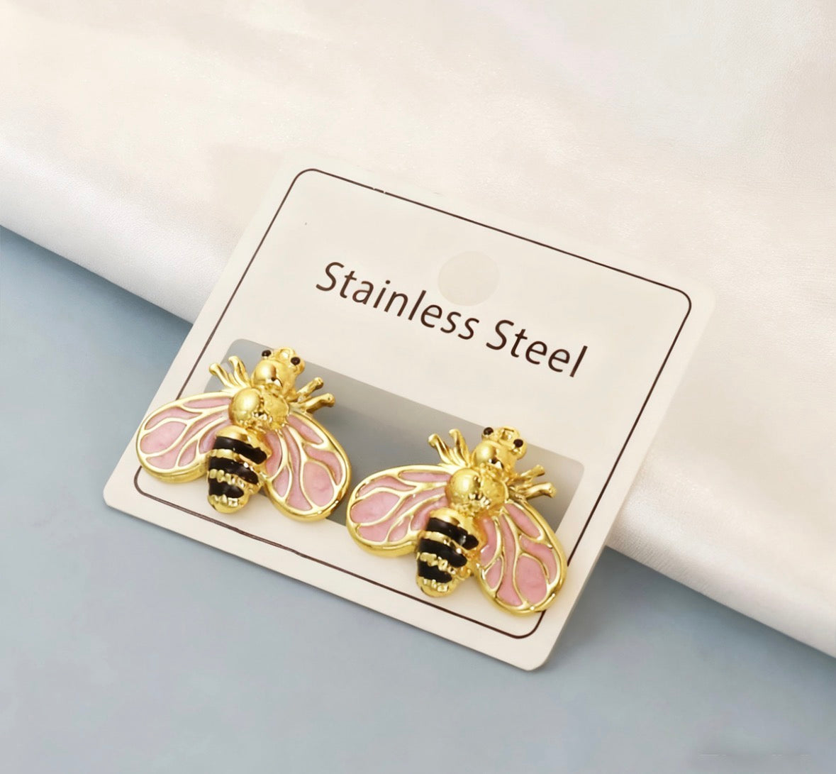 E5763 Aretes abeja rosa acero inoxidable 4cm