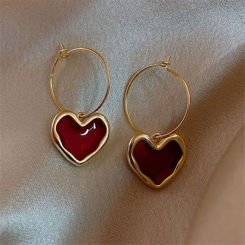 E3301 Aretes corazon esmaltado aleacion argolla 3.5cm