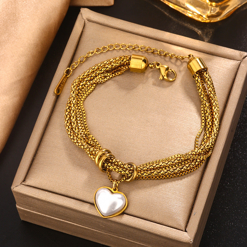 B378 Pulsera corazon blanco dorada acero de titanio chapado en oro 18k