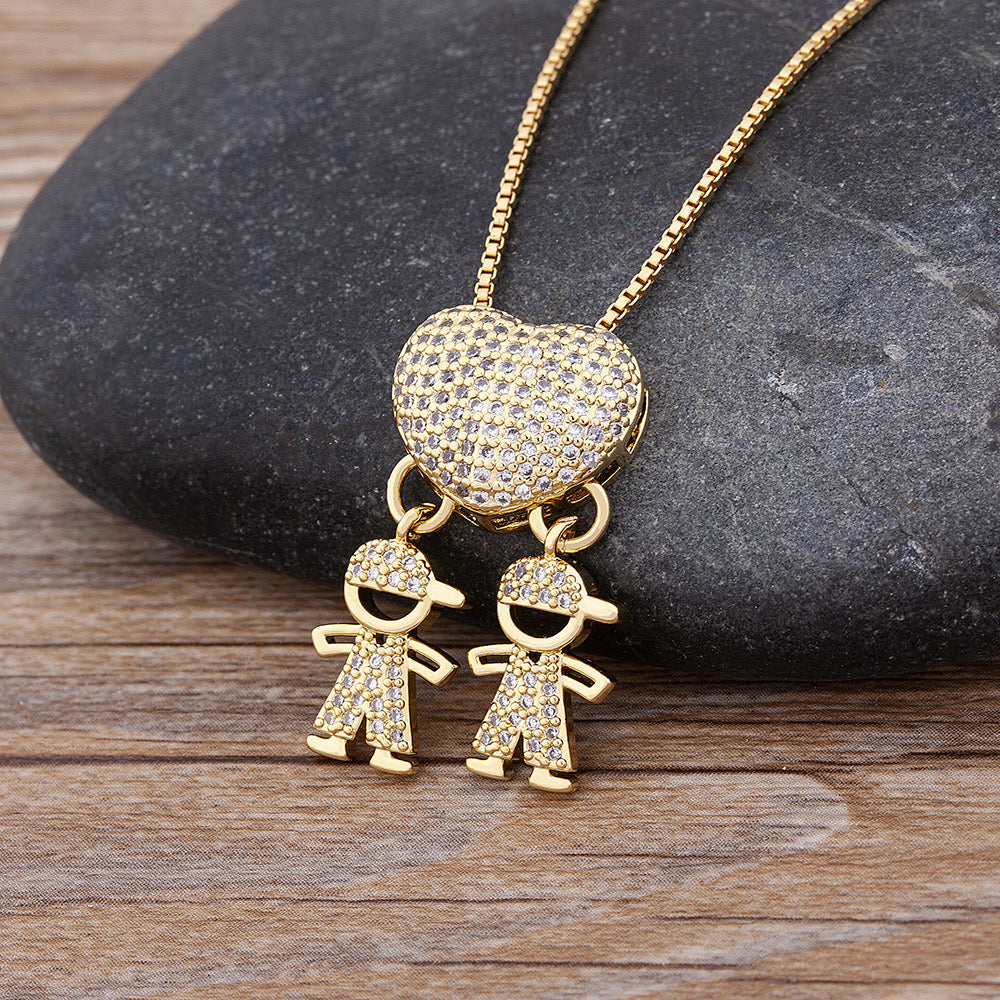 C502 Collar dia madre niños cobre chapado en oro de 18k largo 23cm dije 3cm