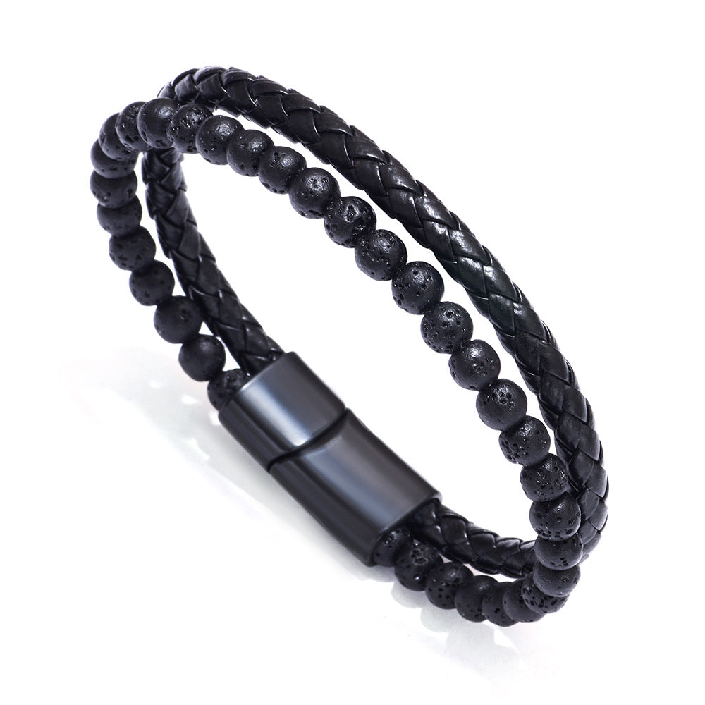 B312V Pulsera piedra roca volcanica negra cuero sintetico 19cm