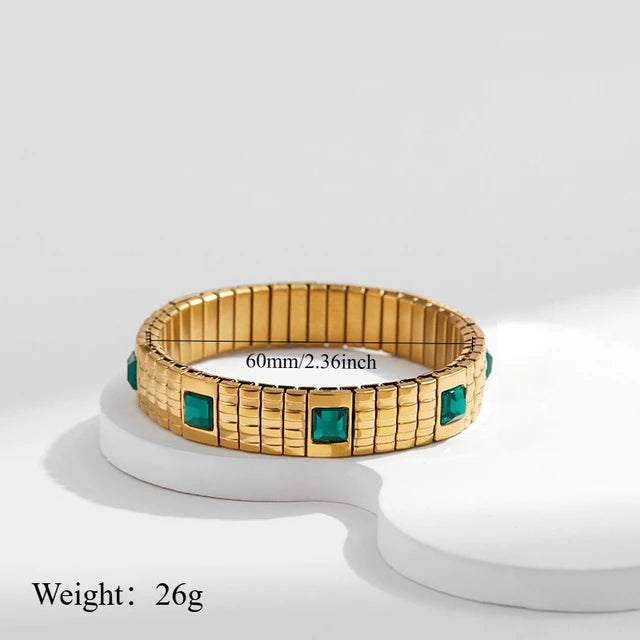 B430 Pulsera dorada cuadros verdes acero inoxidable elástico