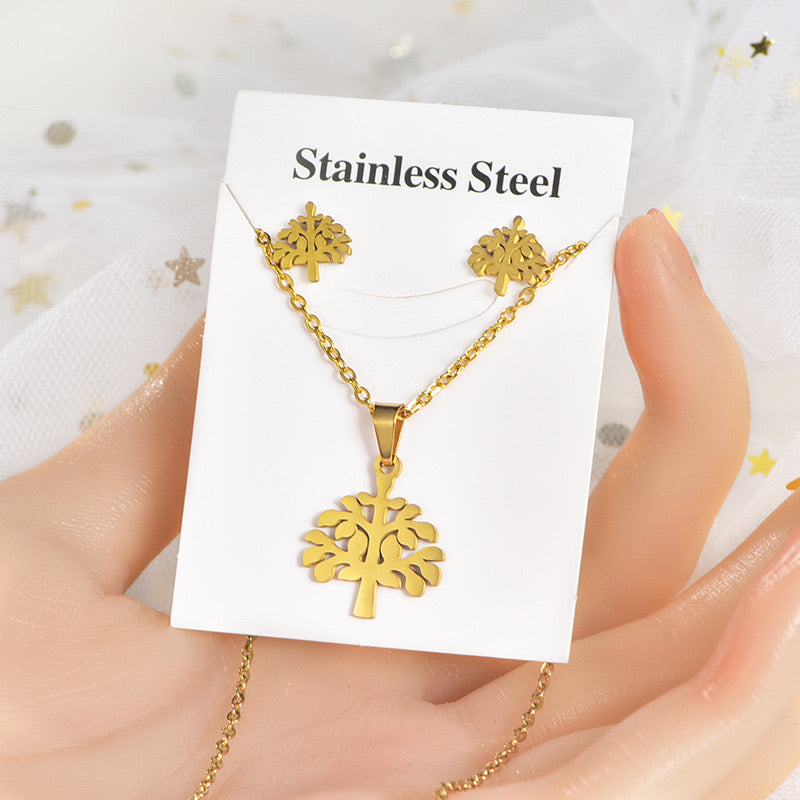 C737 Set de aretes y collar arbol dorado acero inoxidable 21cm largo 2.5 cm dije