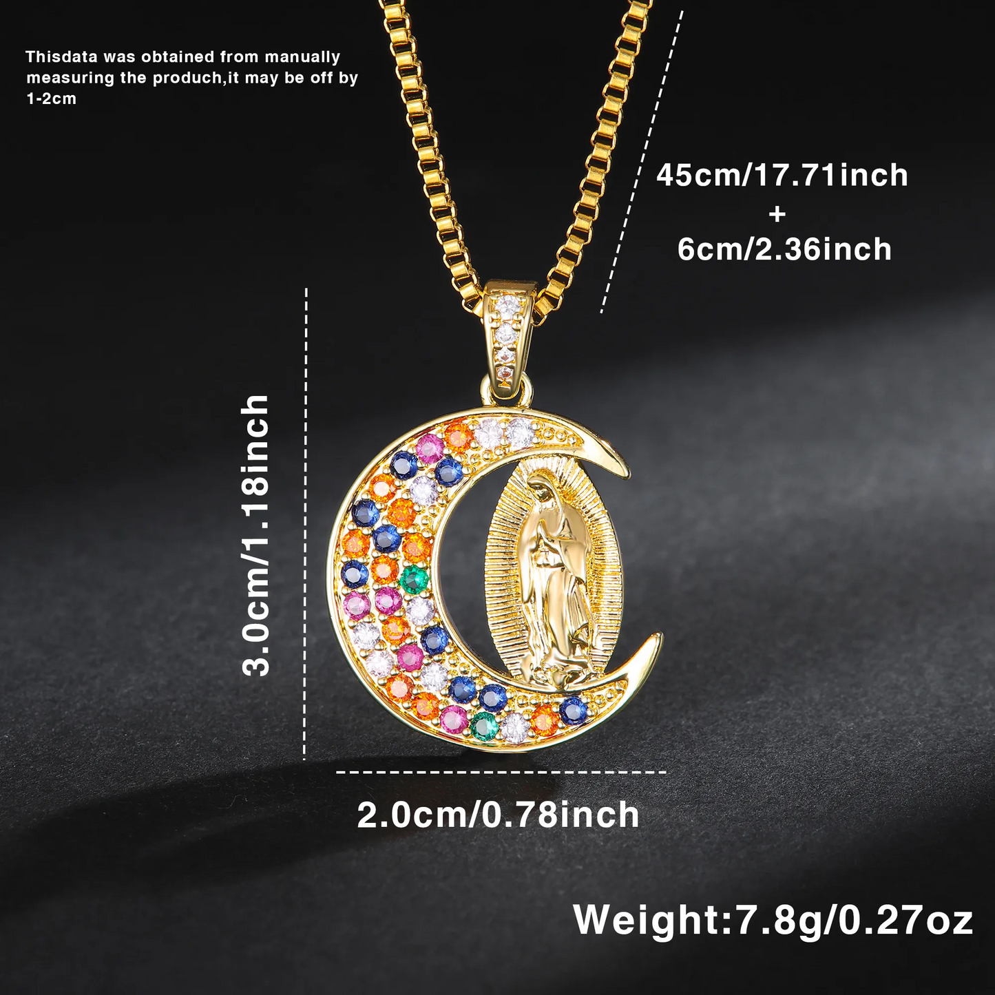 C906 Collar virgen de Guadalupe luna acero inoxidable chapado en oro de 18k 20cm largo 2cm dije
