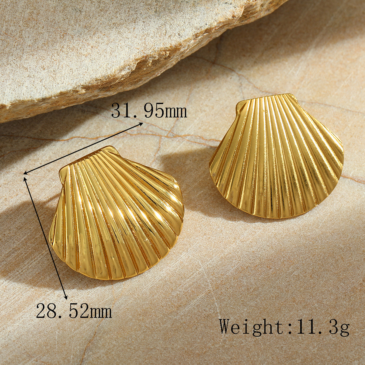 E4669 Aretes concha de mar dorada acero inoxidable chapado en oro de 18k 3cm
