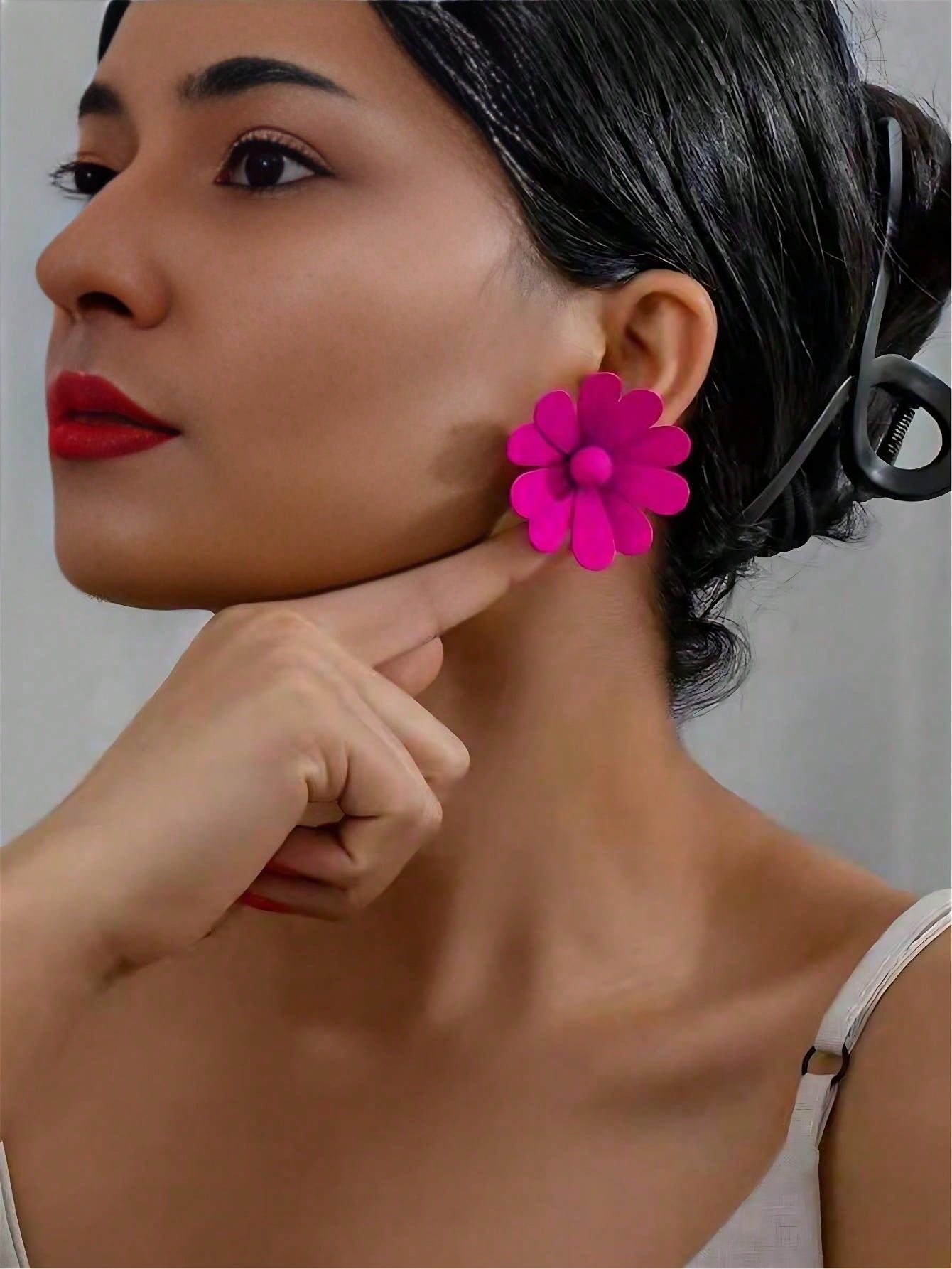 E5957 Aretes flor fucsia acero de titanio 5cm