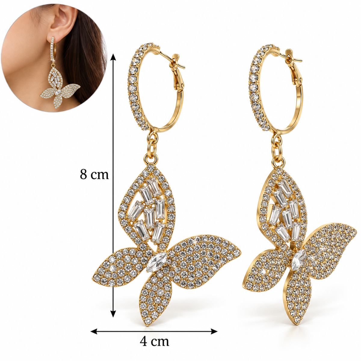 E7565 Aretes argolla mariposa zirconia brillante base aleacion