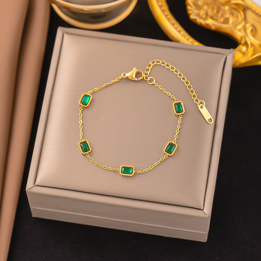 B469 Pulsera cristales verdes acero inoxidable chapada en oro de 18k 18cm