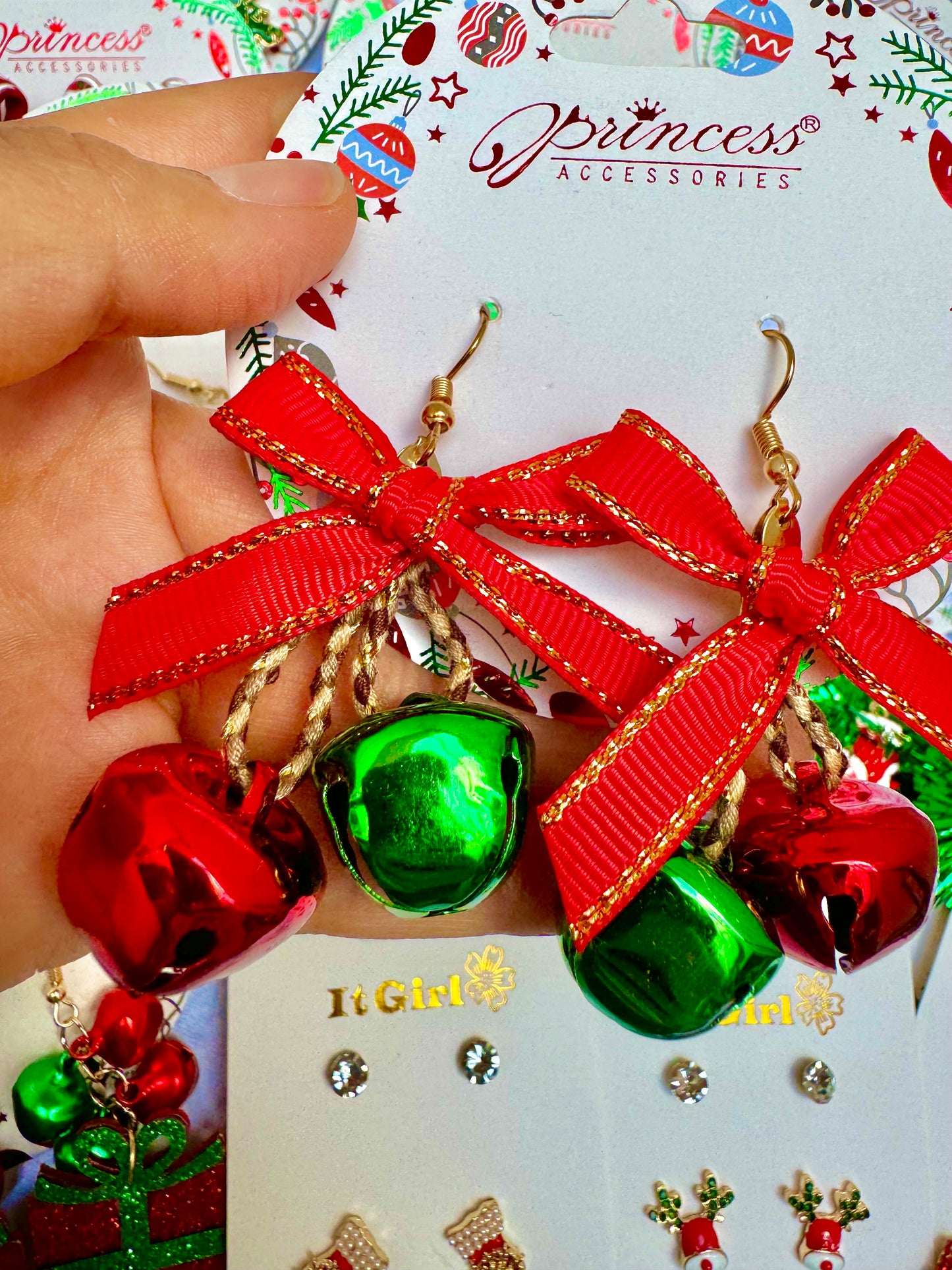 E1871 Aretes moño cascabel Navidad 5.5cm