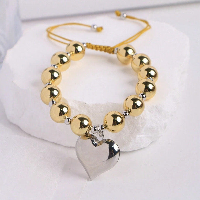 B408 Pulsera cuencas doradas corazon plateado cubierta de cobre ajustable