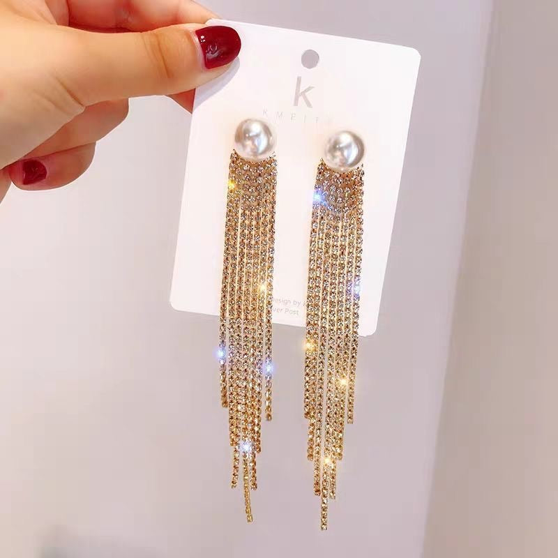 E3594 Aretes cortinas doradas brillantes fiesta 13.5cm