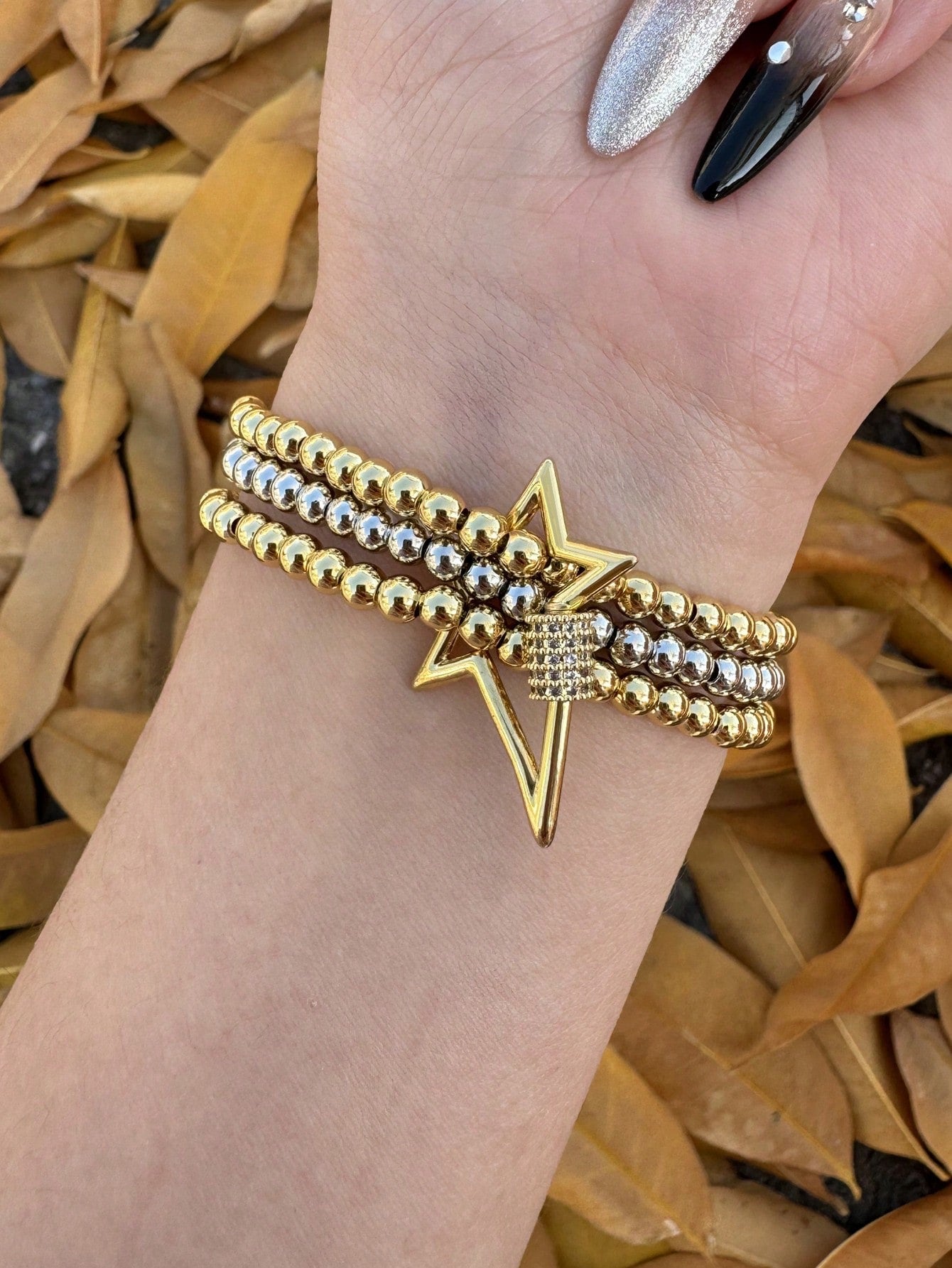 B370E Pulsera estrella dorada cuentas aleacion chapado en oro 18k