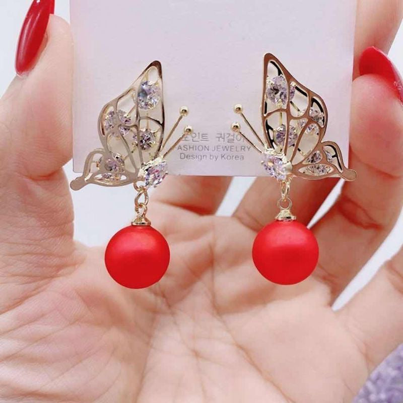 E7280 Aretes mariposa cristal elegante perla roja colgantes 3.5cm