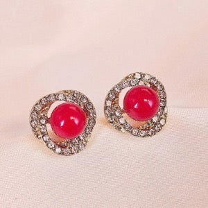E4971 Aretes esfera roja cristales brillantes alrededor aleacion 2 cm