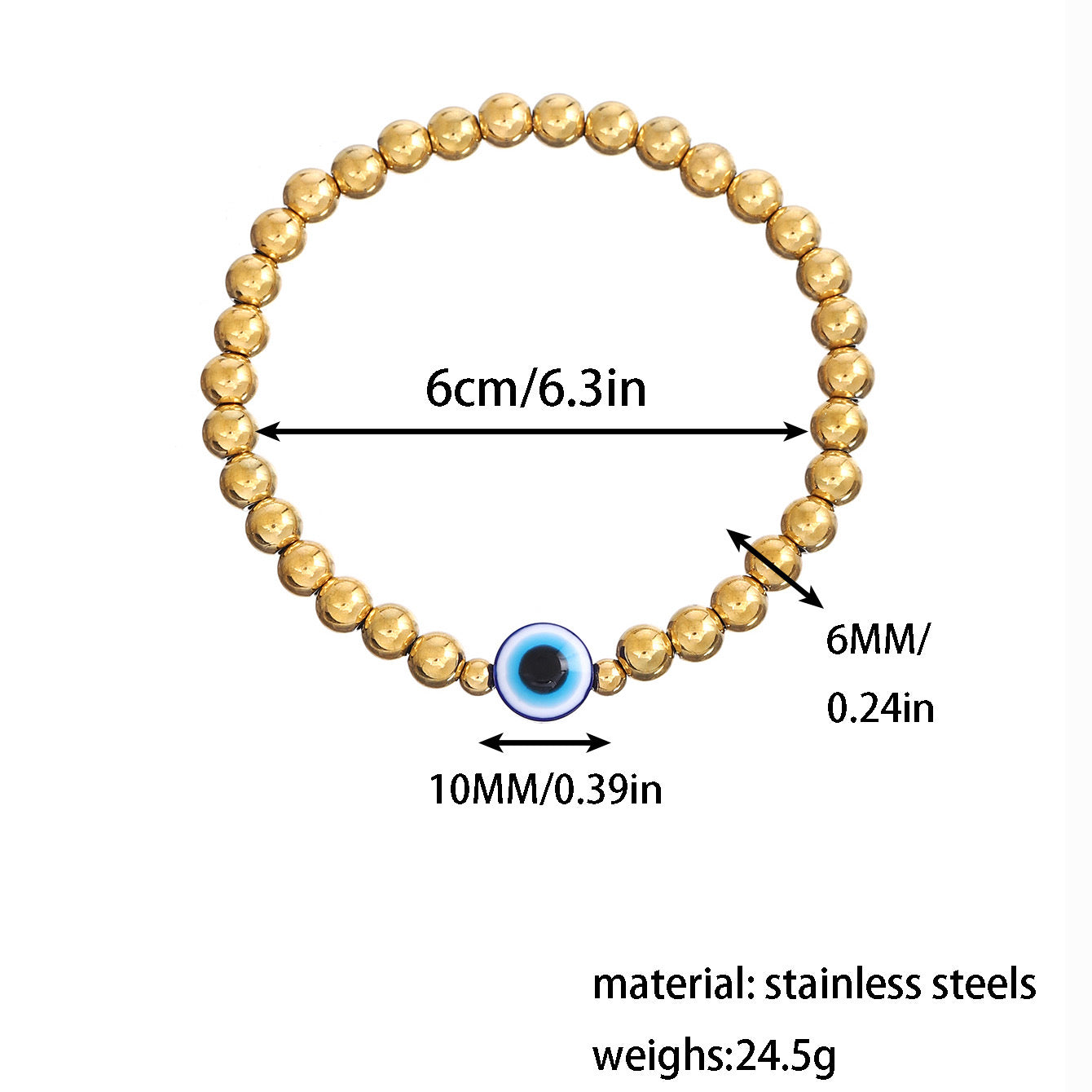 B283D Pulsera ojo turco acero inoxidable dorada diametro 6cm elastica dije 1cm