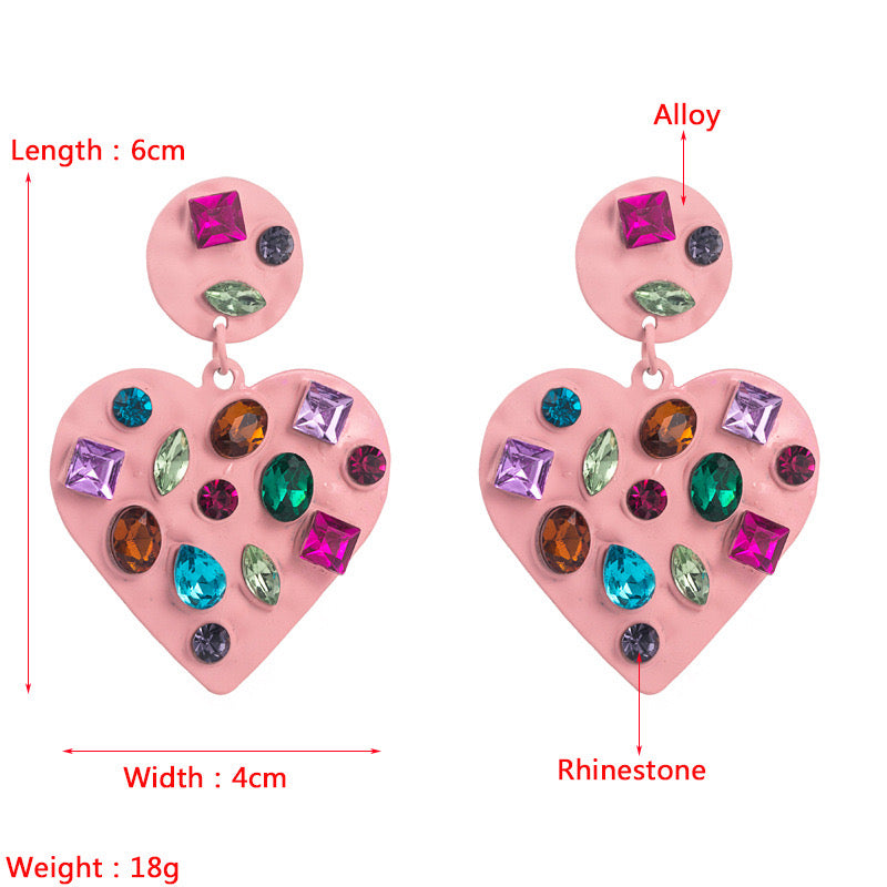 E2155 Aretes corazon aleacion esmaltado rosa piedras cristalinas 5.5cm