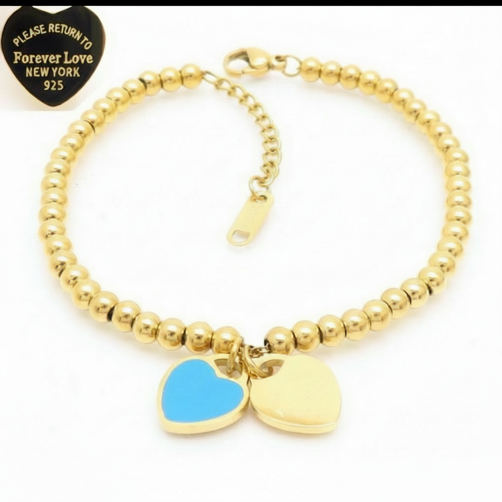 B606D Pulsera corazon azul acero inoxidable chapada en oro de 18k 20cm