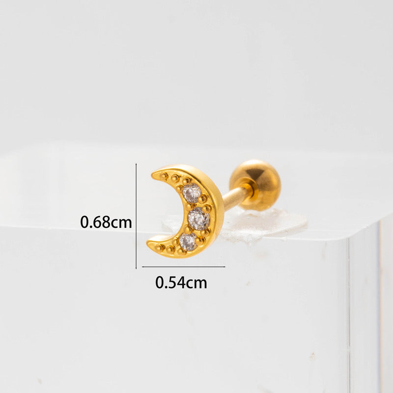 E2024 Broquel 1 pieza dorado luna acero inoxidable zirconia 0.6cm